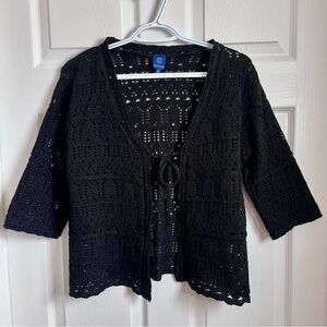 Vintage Reitmans Petites Cardigan Knit crochet Black Large Women Boho tie front